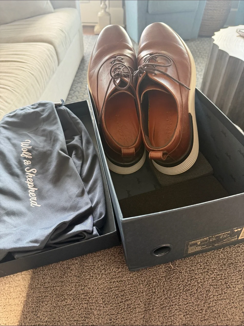 Wolf & Shepheard Brown Leather Derby Oxfords with White Sole